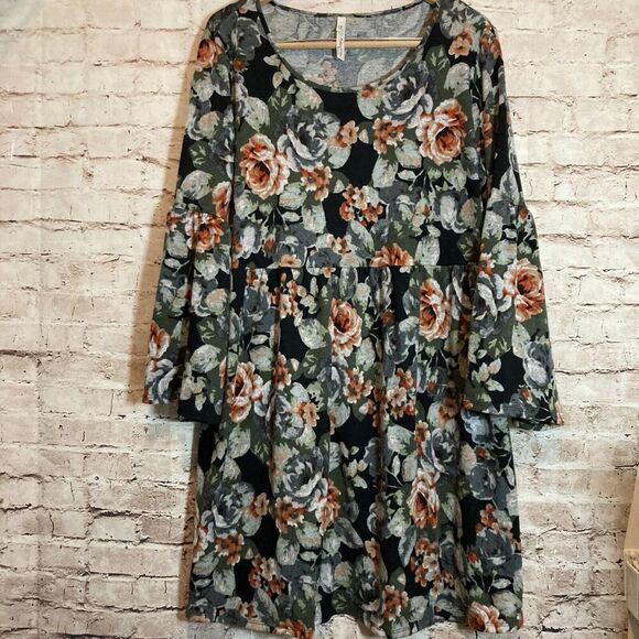 NY Collection Babydoll Sweater Dress Womens 1X Gray Rose Floral Flared Sleeve - Picture 1 of 16